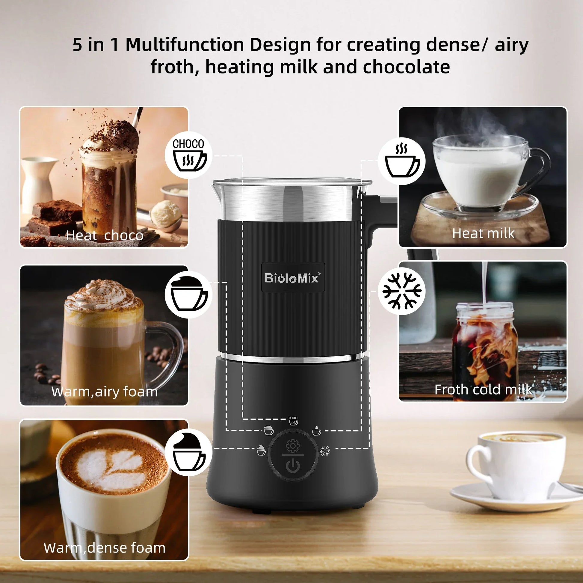 BioloMix 5-in-1 Detachable Milk Frother & Steamer 500W Milk Frother Peaceful Pleasures Health and Wellness