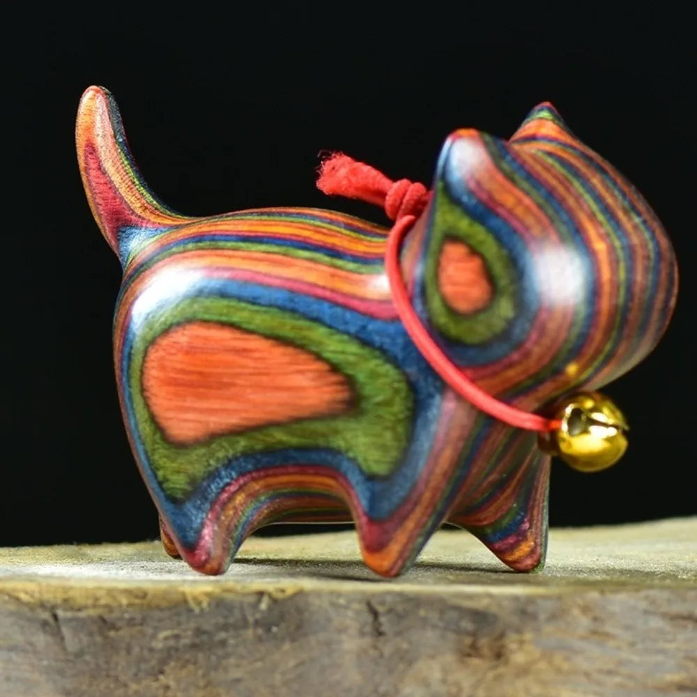 Handmade Wooden Cat Figurine with Bell | Natural Wood Decor