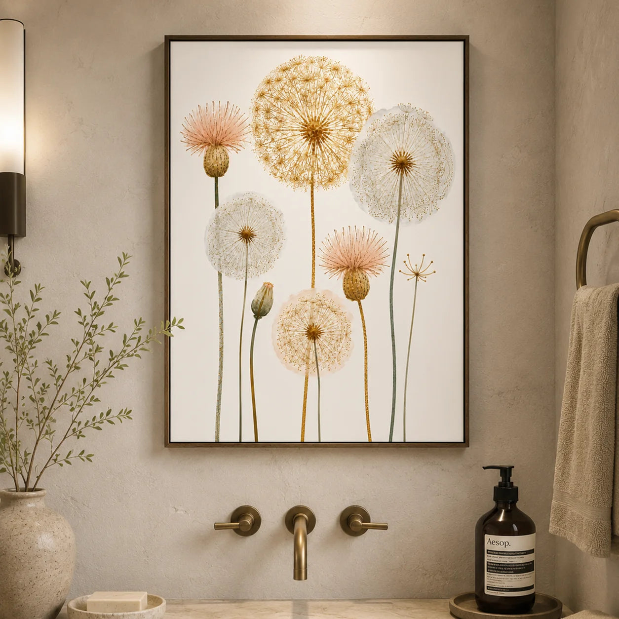 Nordic Dandelion Wall Art Gold Botanical Canvas Painting Poster Print Bedroom Living Room Decor Peaceful Pleasures Health and Wellness