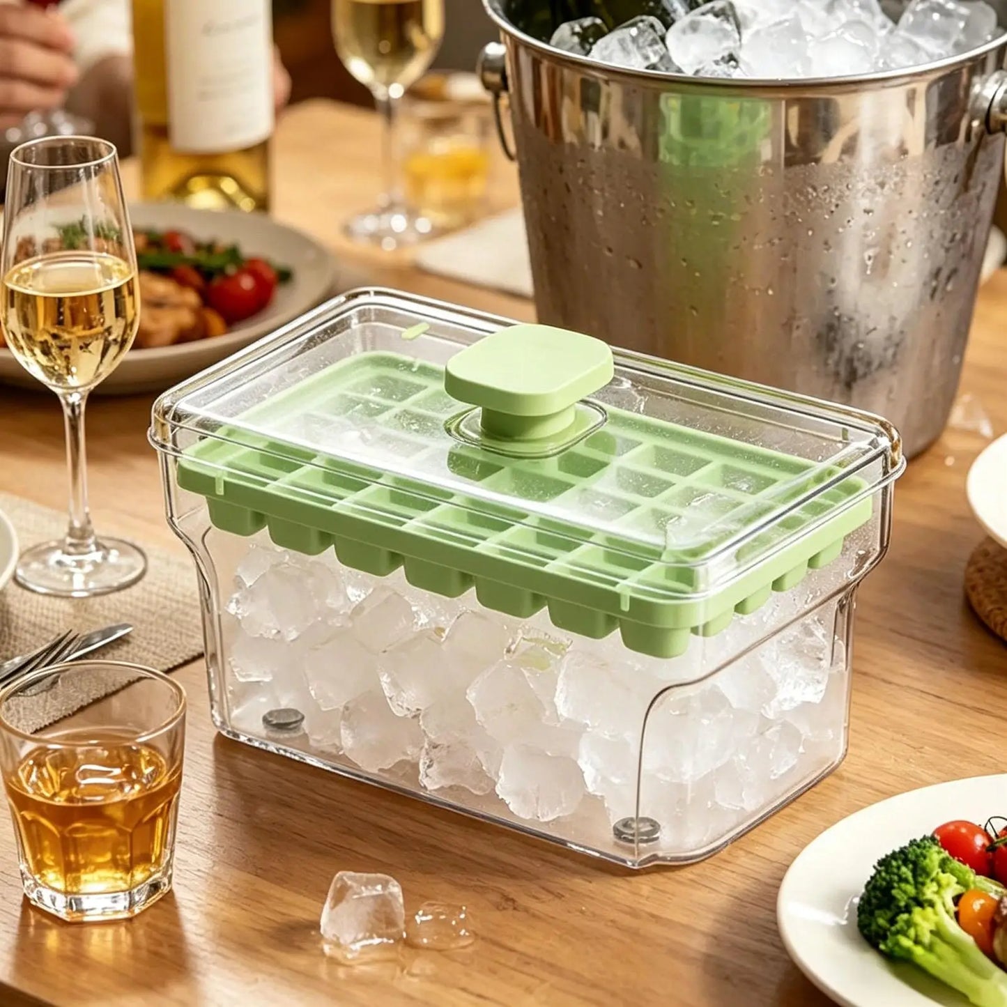 32-Grid Press Ice Cube Tray with Lid & Bin | One-Touch Release