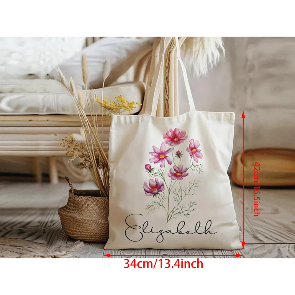 Personalized Birth Flower Canvas Tote Bag | Custom Name Gift