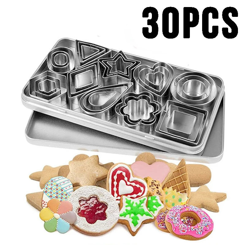 30-Piece Mini Geometric Cookie Cutter Set – 430 Stainless Steel, 10 Shapes, 3 Sizes, Tin Storage Box