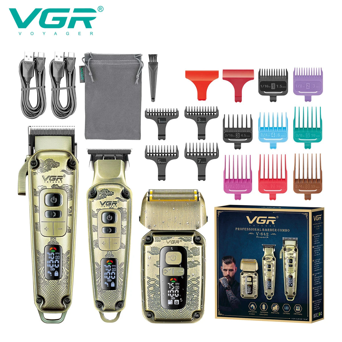 VGR professional high-end hair trimmer set, retro metal electric push shear, home LED intelligent digital hair clipper, shaver Peaceful Pleasures Health and Wellness USB 9