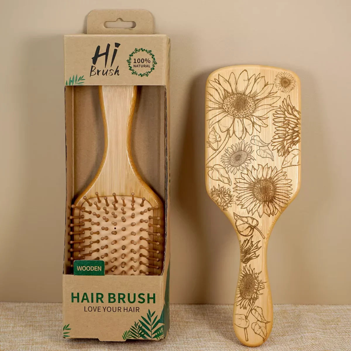 Natural Bamboo Square Comb – Sunflower Anti-Static Hair Comb