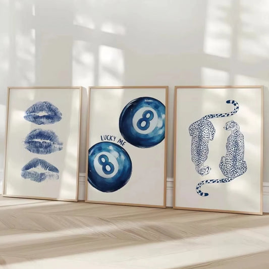 Modern Blue Cheetah 8 Ball Canvas Wall Art Print | Home Decor Canvas Wall Art Peaceful Pleasures Health and Wellness G2517-3pcs 40x60cm Black Frame