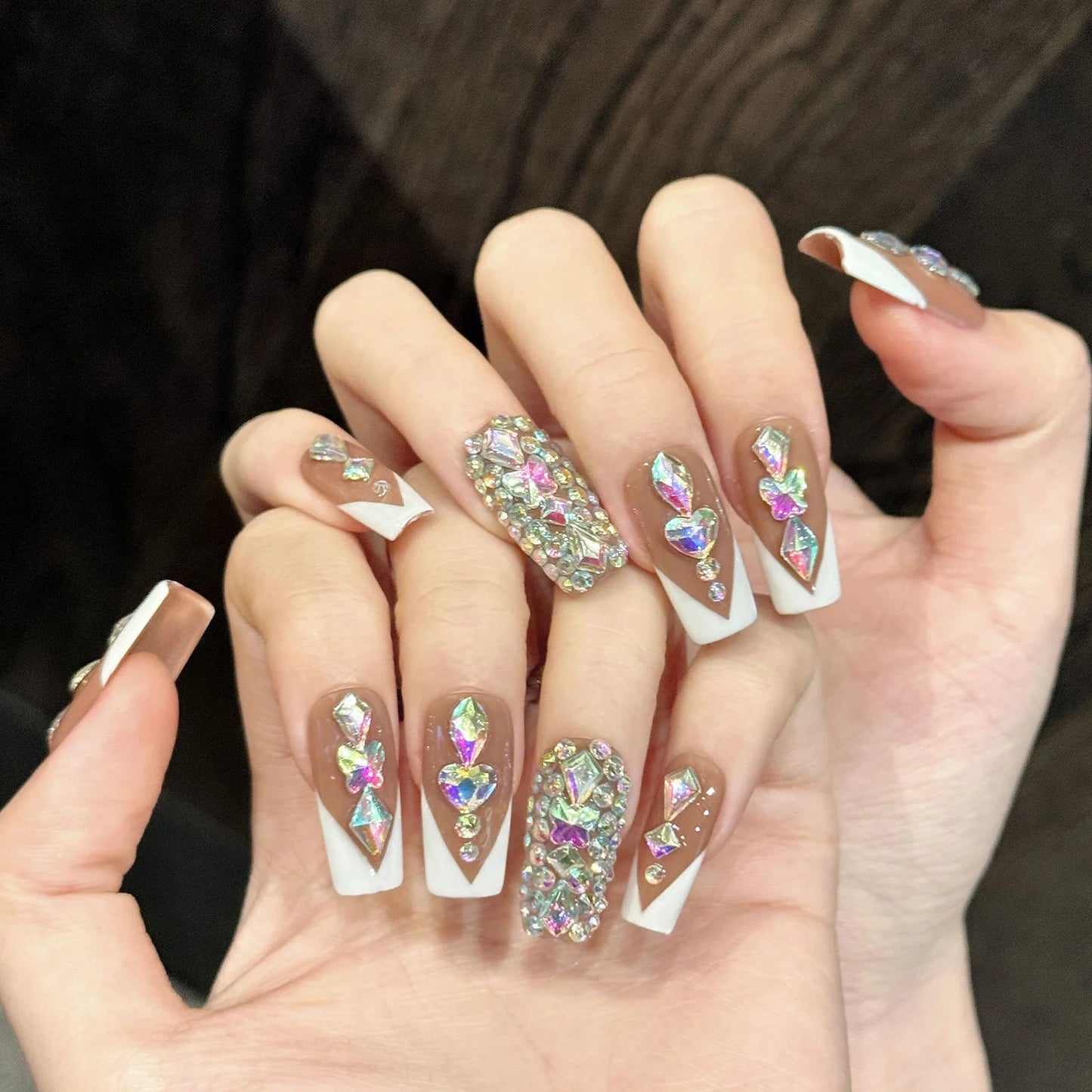 Coffin Press On Nails – Brown Rhinestone French Tips | 10pcs