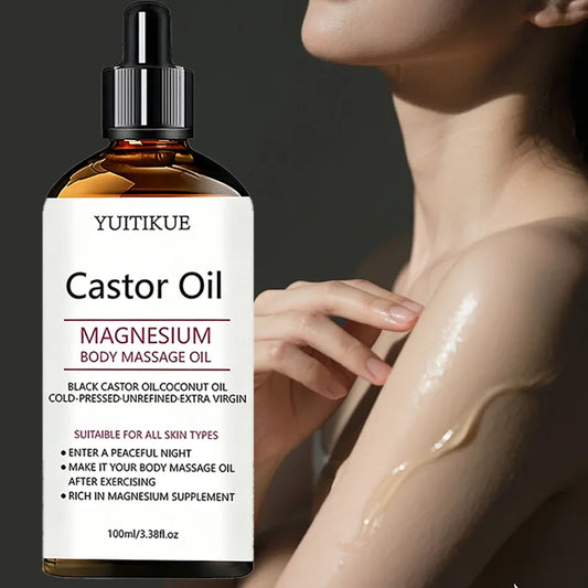 Yuitikue Castor Oil Magnesium Body Massage Oil, 100ml Cold-Pressed Black Castor & Coconut Oil for All Skin Types Peaceful Pleasures Health and Wellness