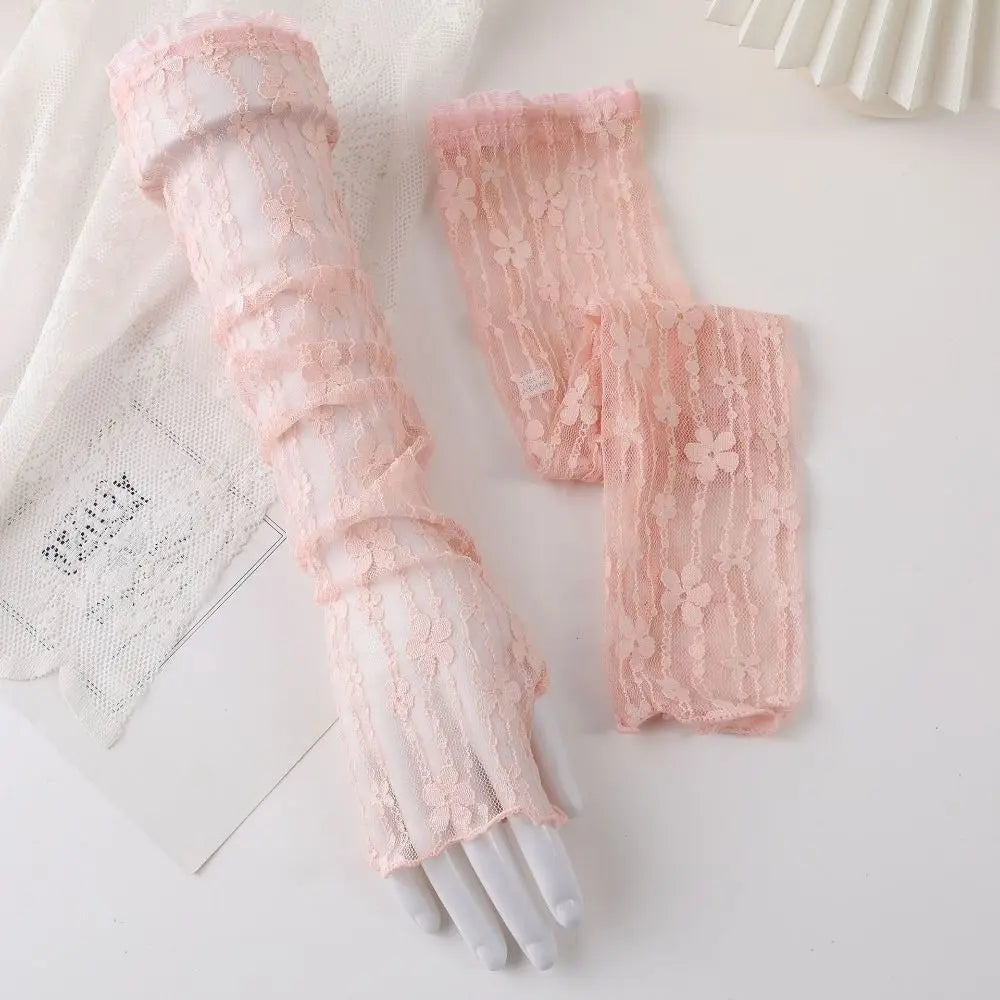UV Protection Lace Arm Sleeves – Fingerless Long Gloves Women