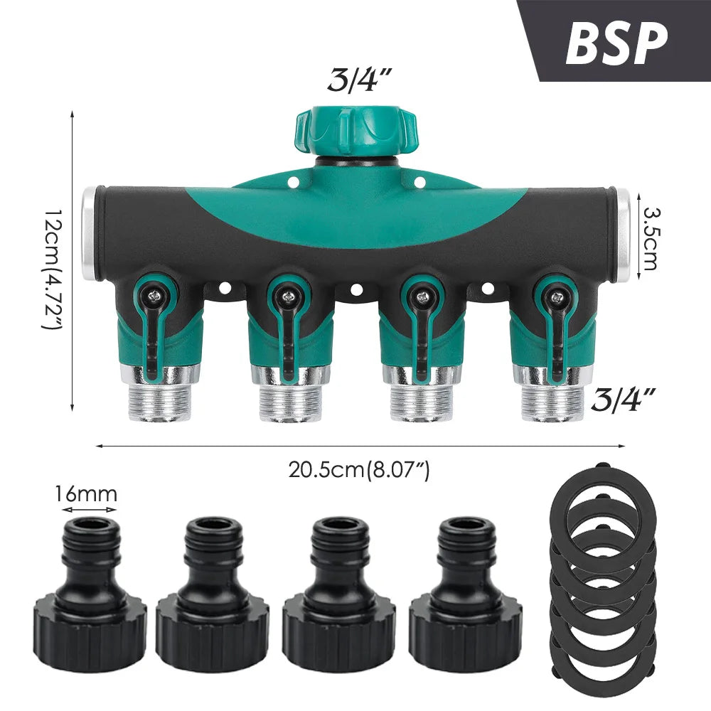Heavy Duty Metal 4 Way 3/4'' Thread Faucet Splitters with Outdoor Water Tap Connectors Shut Off Valves for Garden Hose Adapter Peaceful Pleasures Health and Wellness BSP-1PCS 3/4''