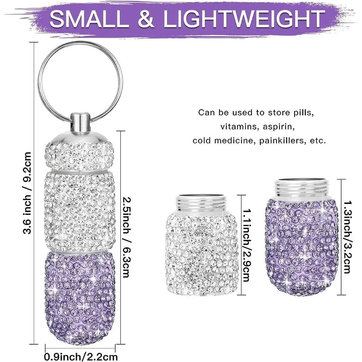 Bling Keychain Pill Box 2 Compartments Small Travel Pill Case Organizer Crystal Diamond Medicine Bottle Pill Bottle Keychain Peaceful Pleasures Health and Wellness