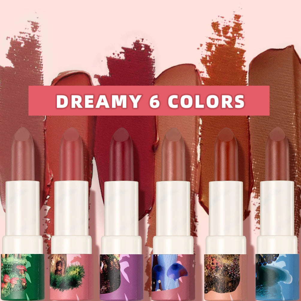 QIBEST Fantasy 6 colors Mushroom Lipstick Makeup Long Lasting Velve Red Sexy Lip Tint Moisture Nude Lip Gloss Women Cosmetics Peaceful Pleasures Health and Wellness