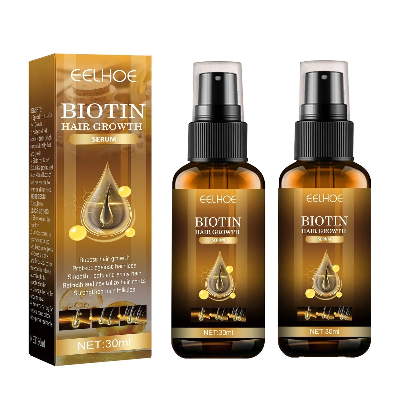 EELHOE Biotin Hair Spray For Man Women 30ml Hair Growth Repair Damage Restore Oil Scalp Repair Serum Spray Thicken Hair Care Peaceful Pleasures Health and Wellness 2pcs