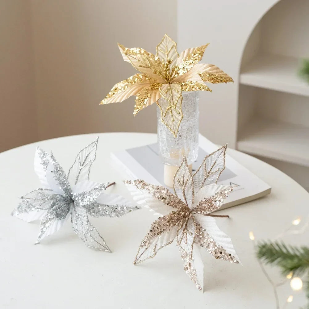 Christmas Glitter Poinsettia Artificial Flower Ornaments | Set of 6