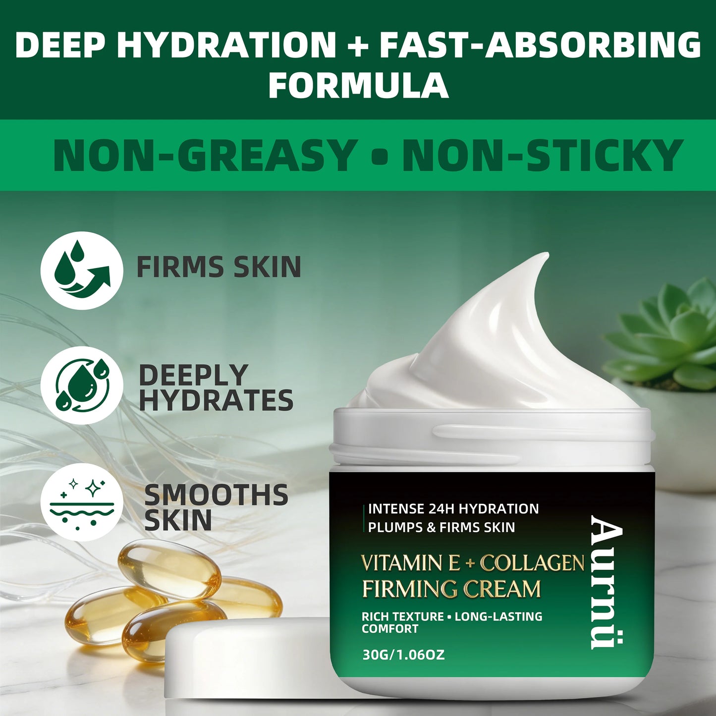 Aurnü VITAMIN E COLLAGEN FIRMING CREAM, Hydrating & tightening formula, long-lasting moisture, Perfect for morning and evening Peaceful Pleasures Health and Wellness