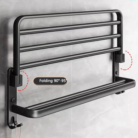 Foldable No-Drill Wall-Mounted Towel Rack – Black Metal Bar Folding Towel Rack Peaceful Pleasures Health and Wellness