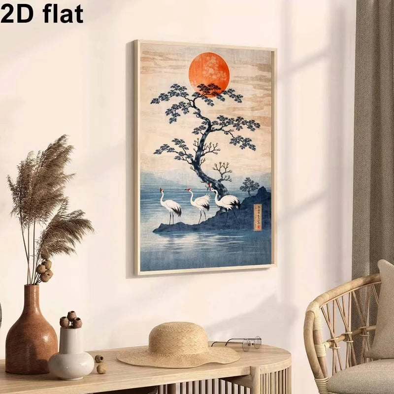 Japanese Crane & Sun Canvas Wall Art Print | Home Decor