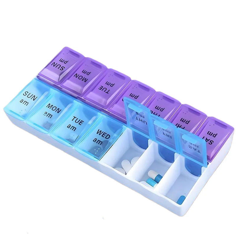 Weekly pill organizer with compartments for different days of the week on a white background