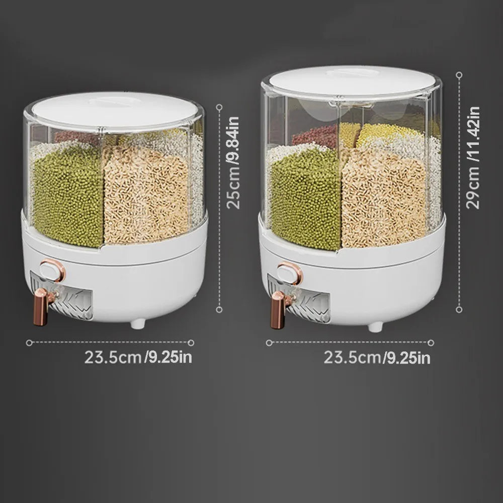 Rotating 6-Grid Rice Dispenser, Airtight Grain Storage Container Large Capacity Kitchen Food Canister for Cereal, Beans Peaceful Pleasures Health and Wellness