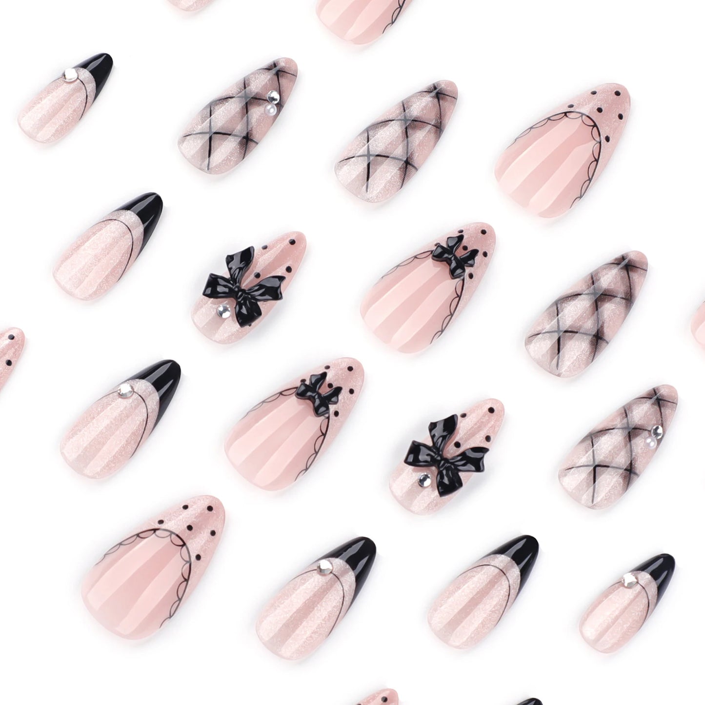 24pc Gothic Press On Nails Black Bow Cat Eye Almond Y2K