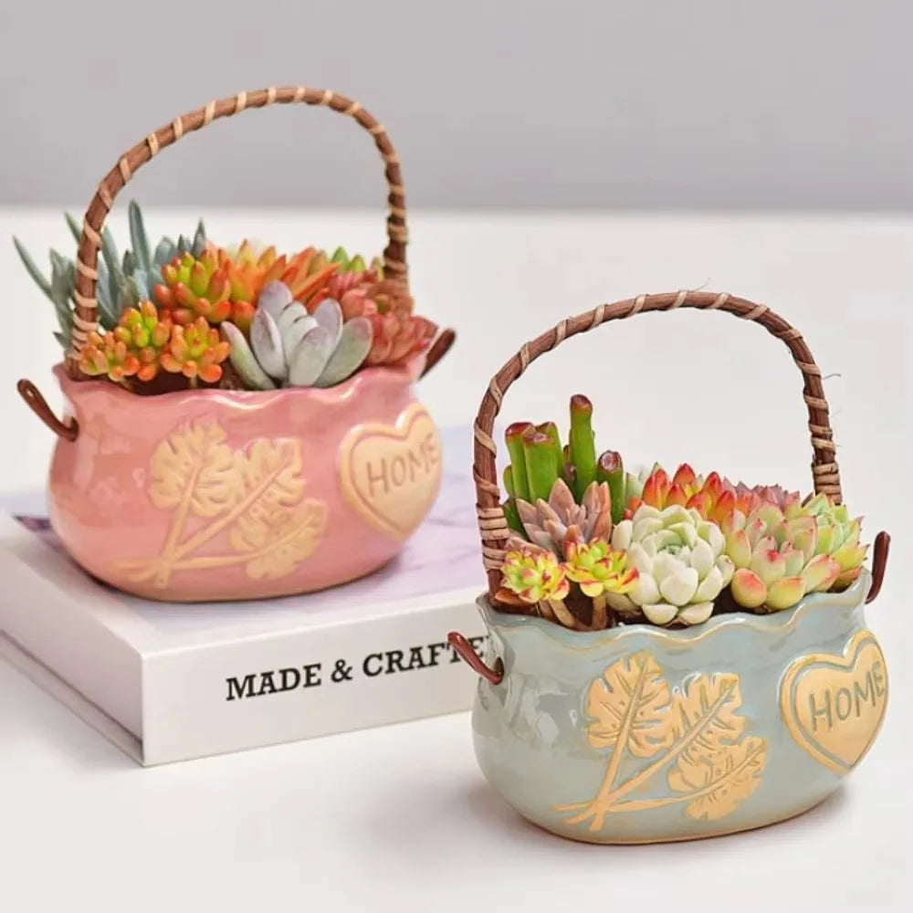 Nordic Ceramic Succulent Planter with Handle | Breathable Pot