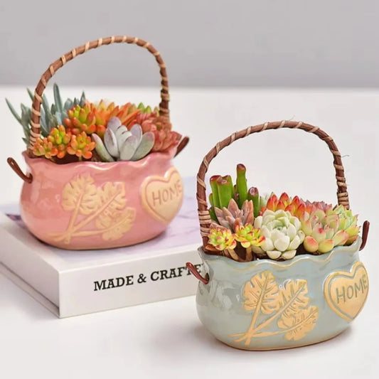 Nordic Ceramic Succulent Planter with Handle | Breathable Pot Ceramic Succulent Planter Oasis Select