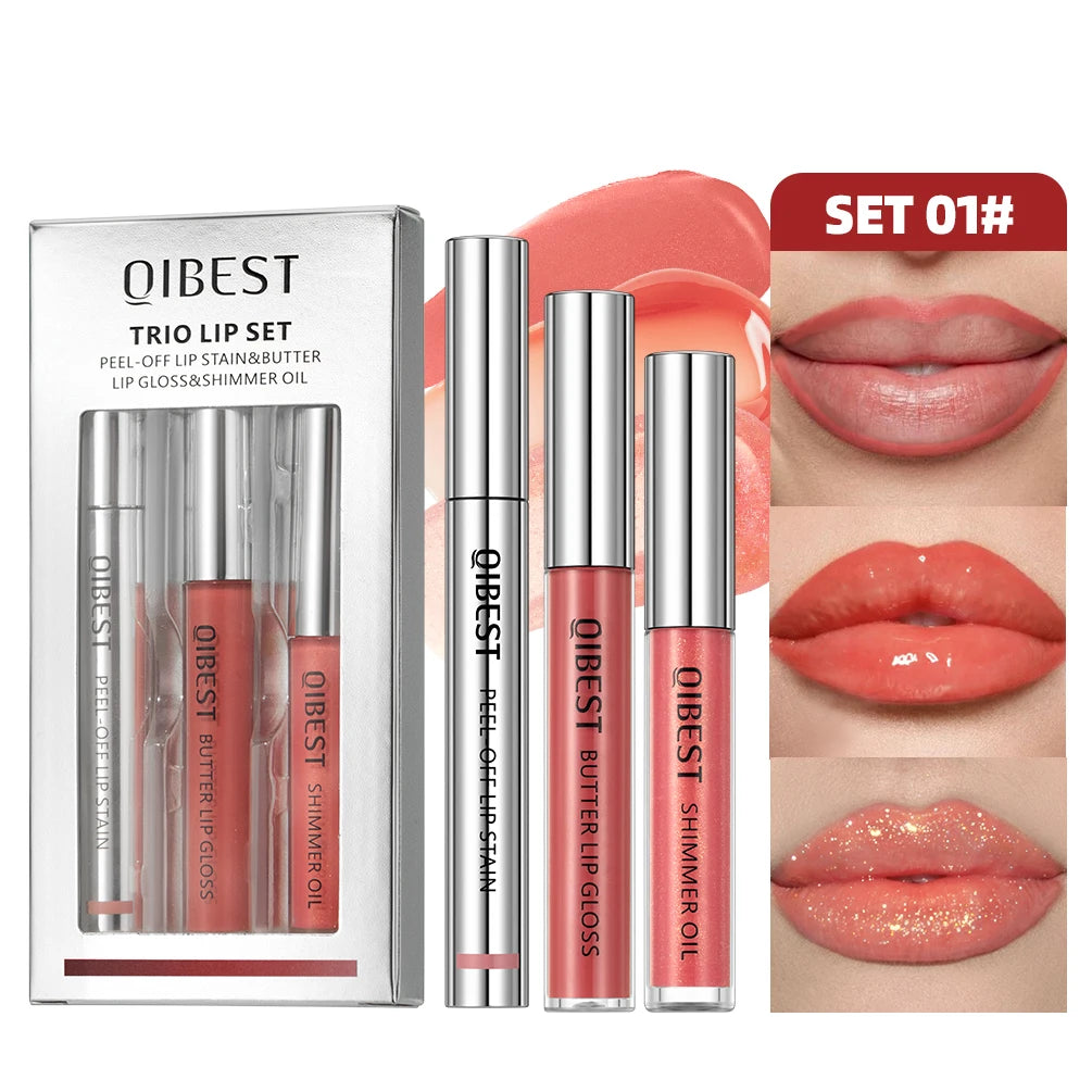QIBEST 3pcs Multifunctional Makeup Sets Peel Off Lip Stain,Lip Glaze,Shimmer Lip Oil Long Lasting Lip Gloss Tint Cosmetics Kits Peaceful Pleasures Health and Wellness SET 01