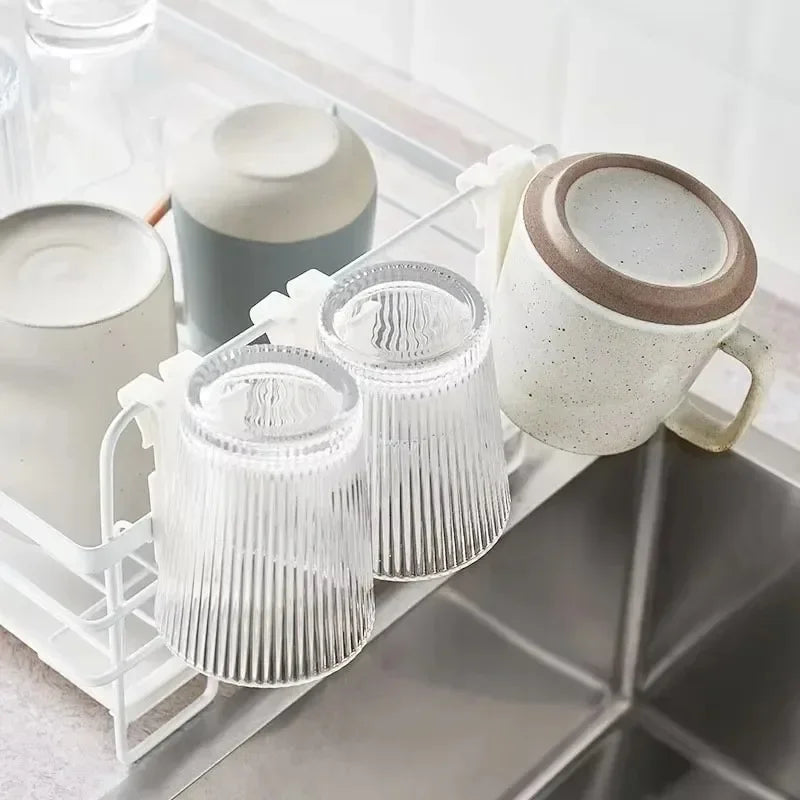 Adjustable Length Plastic Cup Holder Sink Dish Rack - Kitchen Bathroom Organizer for Cup Mug Bottle Drying Drainer Space Saver Peaceful Pleasures Health and Wellness