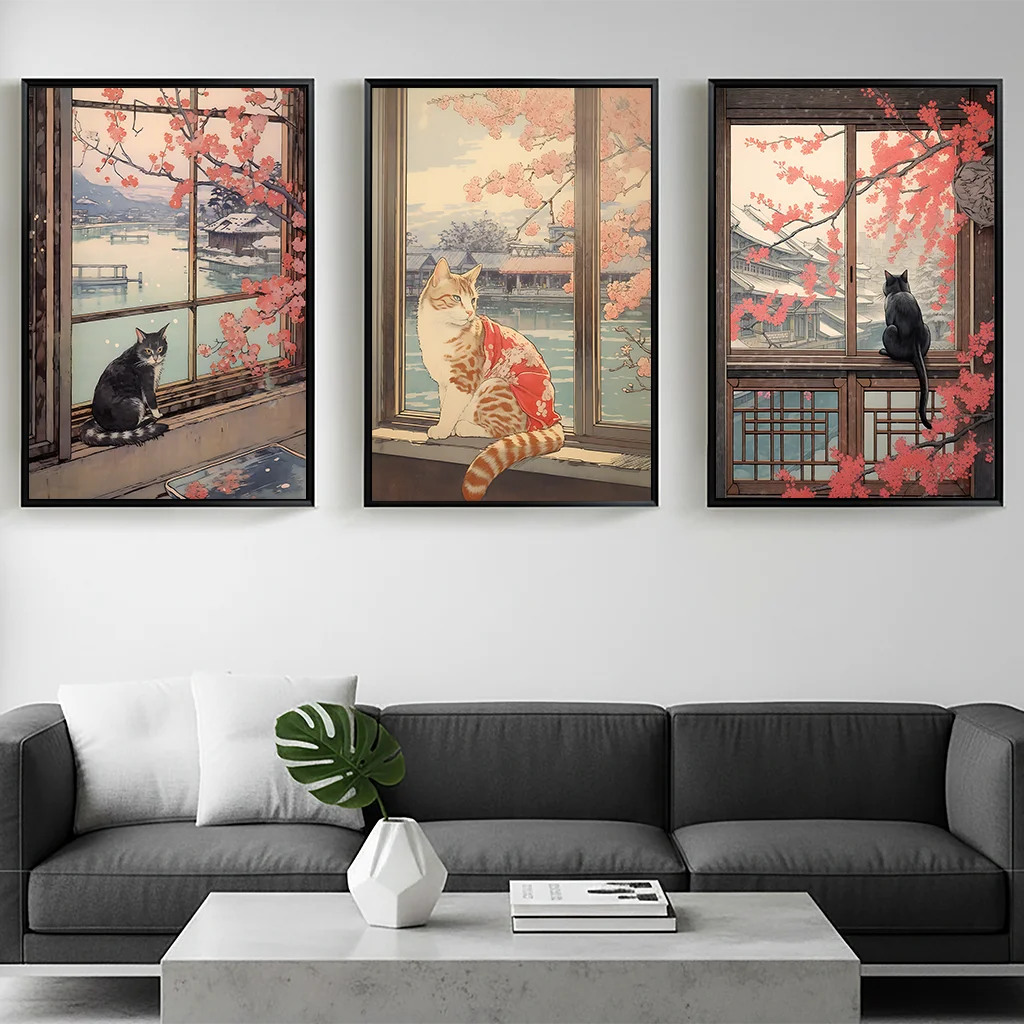 Vintage Animal Wall Art, Japanese Ukiyo-e Cherry Blossom Canvas Painting, Aesthetic Poster Print for Bedroom Living Room Decor Peaceful Pleasures Health and Wellness