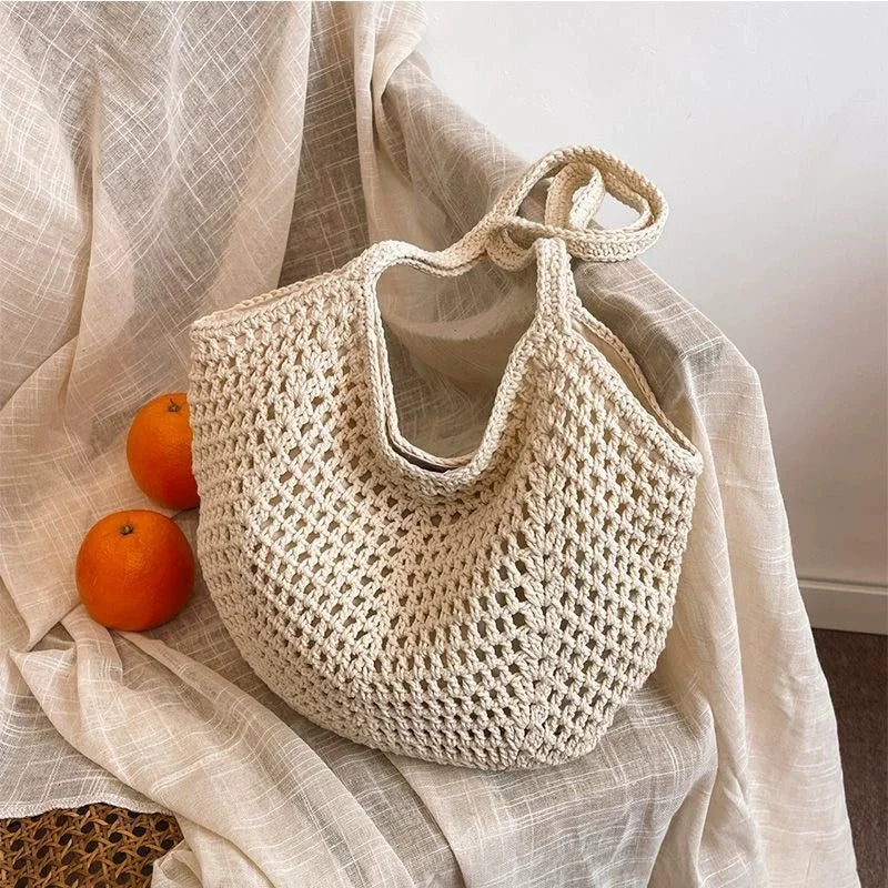 Women's Mesh Straw Beach Tote Bag – Foldable Summer Bag Beach Tote Bag Peaceful Pleasures Health and Wellness