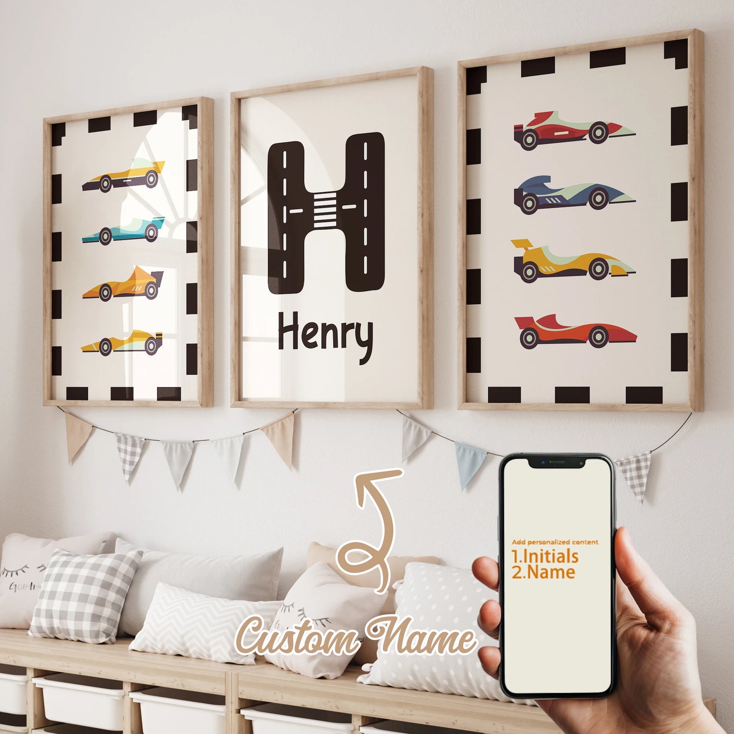 Personalized Cartoon Racing Canvas Wall Art 3-Piece Kids Room
