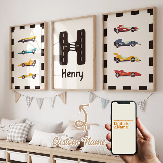 Personalized Cartoon Racing Canvas Wall Art 3-Piece Kids Room Canvas Wall Art Set Peaceful Pleasures Health and Wellness GA-N022-3pcs 40x50cm Unframed