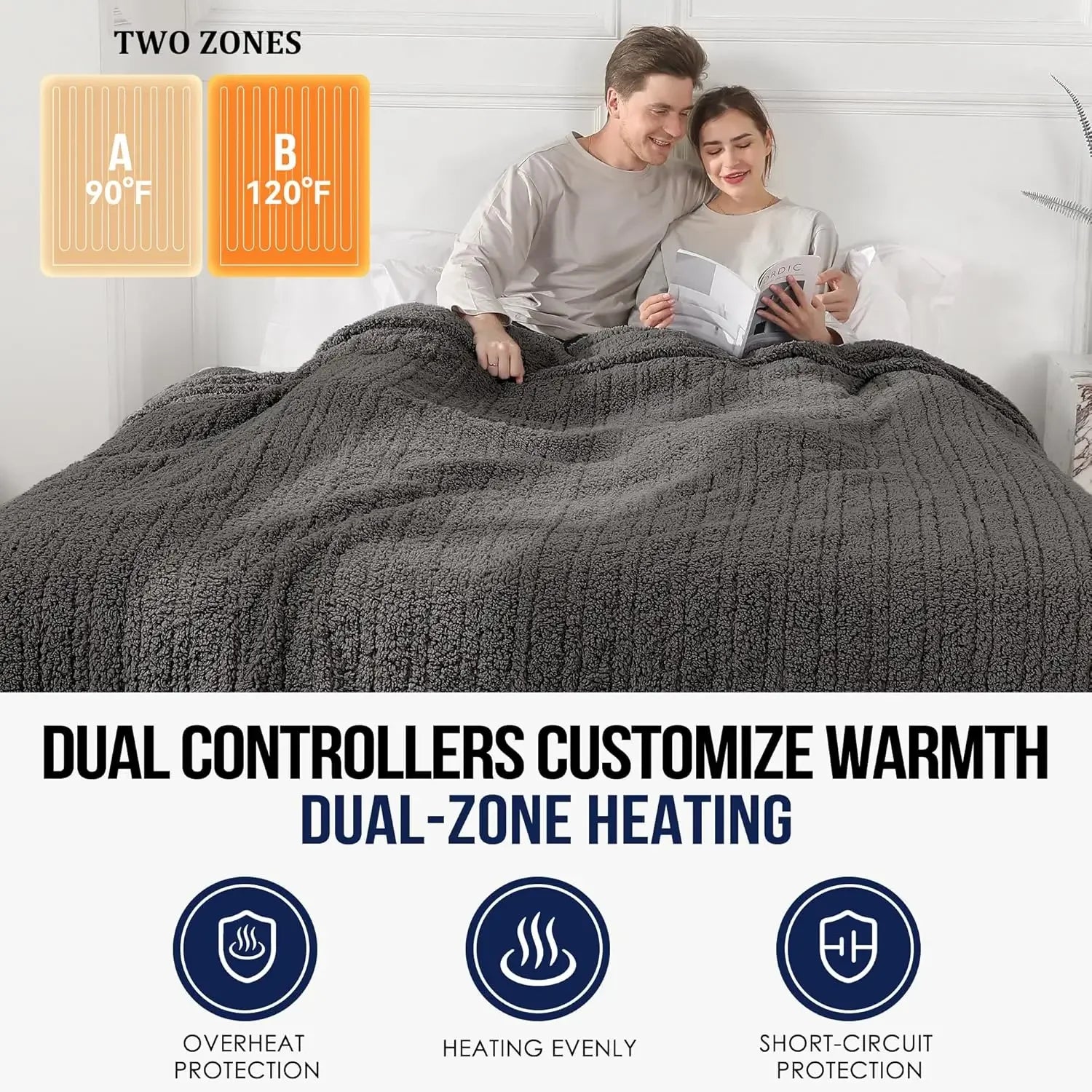 Dual Control Electric Heated Blanket with 5 Heat Levels, Auto Off, Washable, ETL Certified, Dark Gray Peaceful Pleasures Health and Wellness