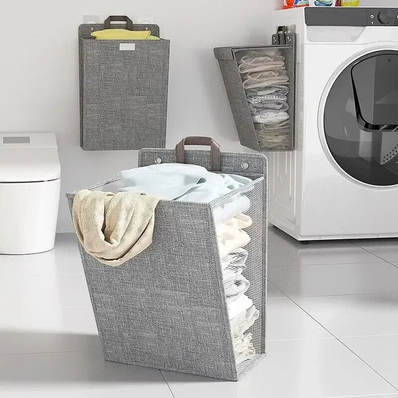 1pc Foldable Adhesive Laundry Basket Hamper, Multifunctional Punch Free Wall Hanging Washing Clothes Mesh Hook Organizer Peaceful Pleasures Health and Wellness
