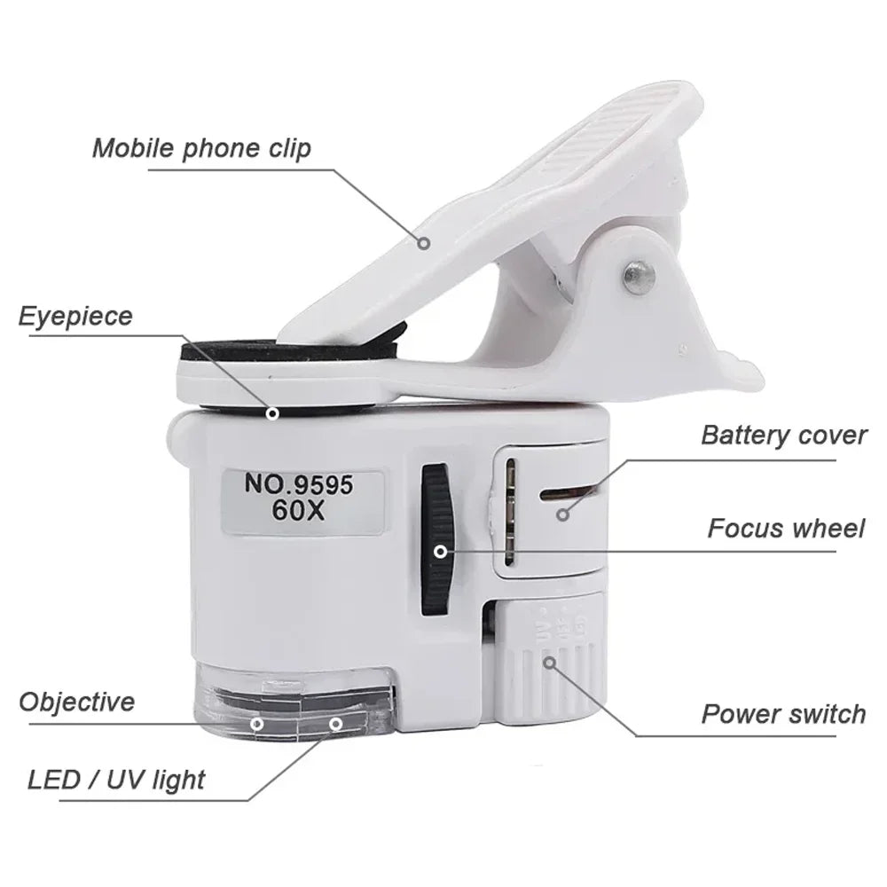 60X UV LED Dual Light Pocket Microscope Magnifying Glass Adjustable Focus with Cell Phone Clip for Jewelry Repair Peaceful Pleasures Health and Wellness