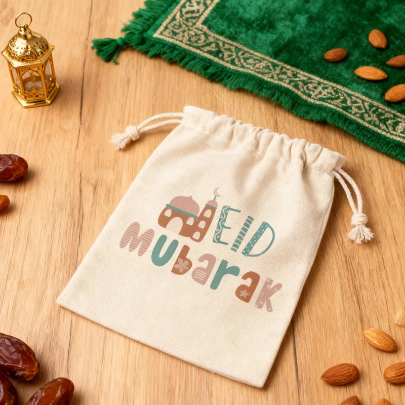 5pcs Eid Mubarak Drawstring Gift Bags | Ramadan Treat Bags Holiday Gift Bags Peaceful Pleasures Health and Wellness