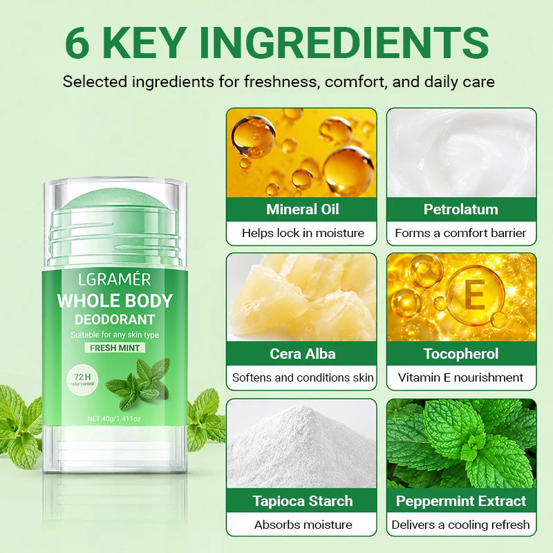 Natural Mint Whole Body Deodorant Stick,72H Odor Control,Skin-friendly,Gentle Long Lasting Underarm & Body Freshness Stick 40g Peaceful Pleasures Health and Wellness