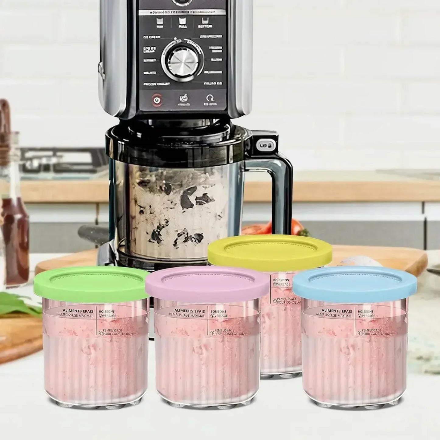 4Piece sets Creative Ice Cream PC Cup Creami Ice Cream Storage Containers With Lids and Scoop Apply to Ninja Creami NC500 NC501 Peaceful Pleasures Health and Wellness