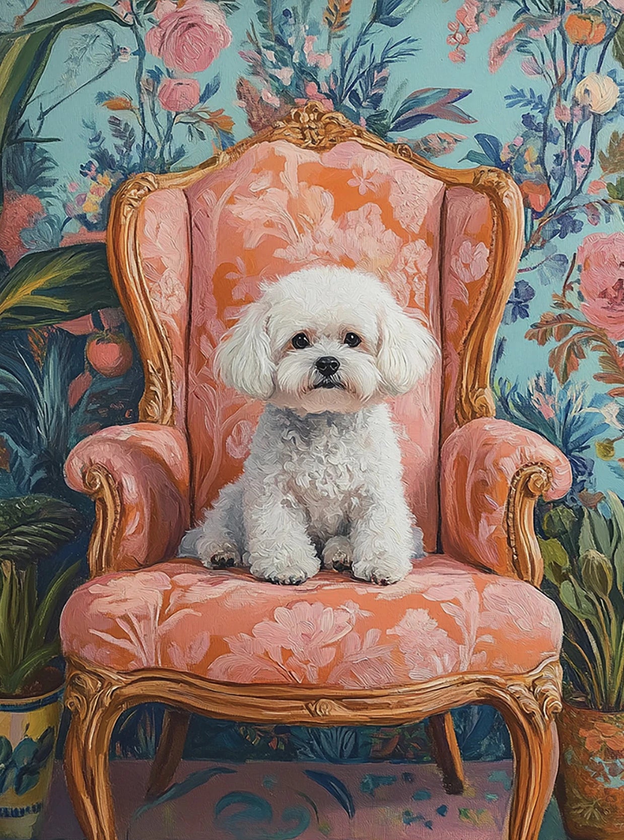 Dog on Stool Retro Canvas Wall Art | Bichon Frise Pomeranian