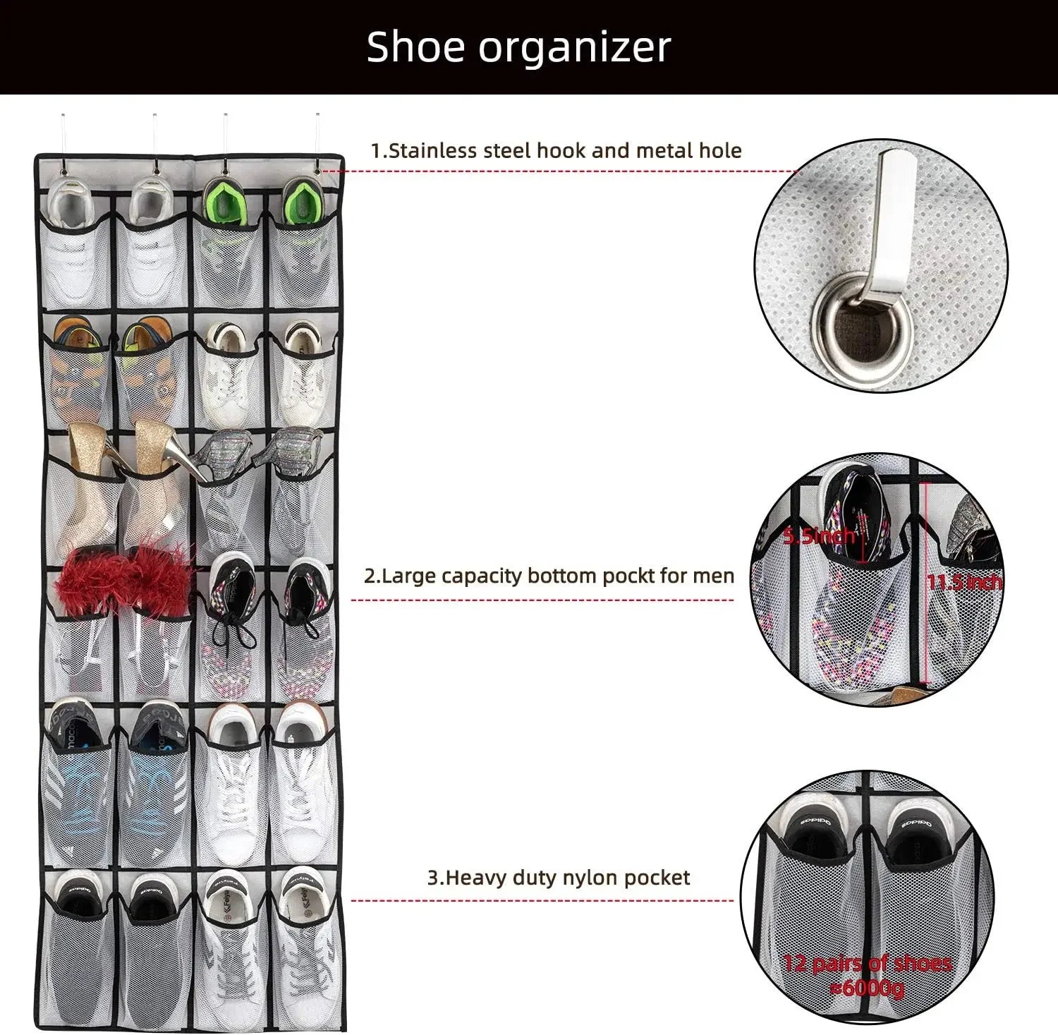 24-Pocket Hanging Shoe Organizer, Breathable Mesh Storage Bag for Men Women Kids Shoes, Space-Saving Door Rack Peaceful Pleasures Health and Wellness