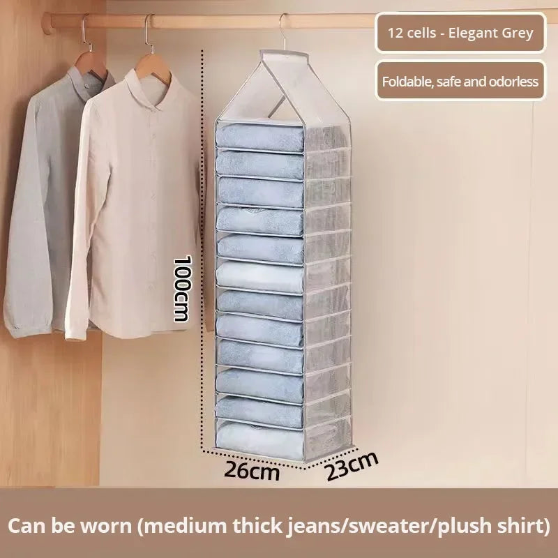 Hanging Wardrobe Clothing Storage Bag Jeans Shirt Storage Rack Hanging Closet Storage Bag Foldable Clothes Organizer bedroom Peaceful Pleasures Health and Wellness Grey 12 cells