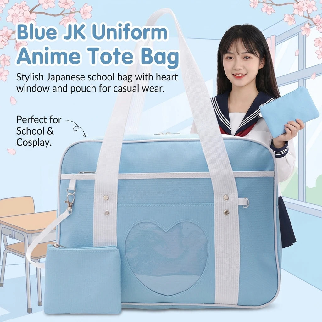 JK Uniform Style Tote Bag Anime Design Sweetheart Pattern Cute School Bag for Girls Lightweight Durable Synthetic Fiber Daily Peaceful Pleasures Health and Wellness
