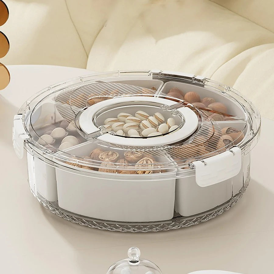 Rotating Divided Serving Tray with Lid & Handle – Large Snack Spinner & Multi-Purpose Food Platter