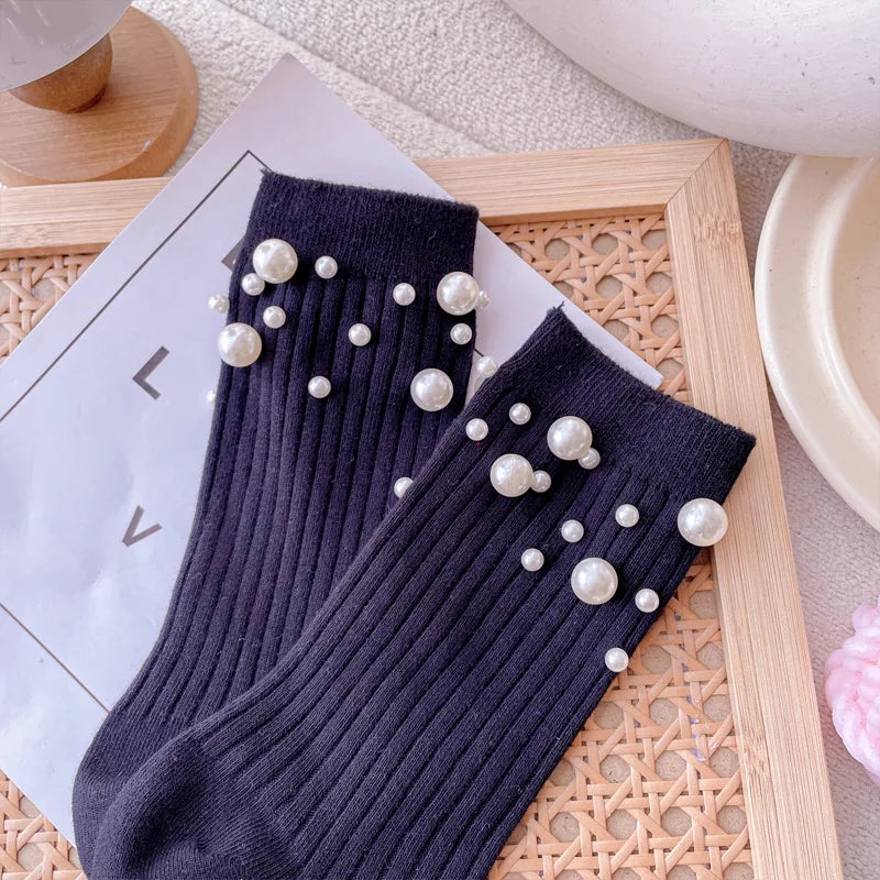 1 Pair of Women's Fashionable Pearl Decorative Socks, Cute Princess Style Mid Calf Korean Style Socks, Clothing Accessories Peaceful Pleasures Health and Wellness black One Size