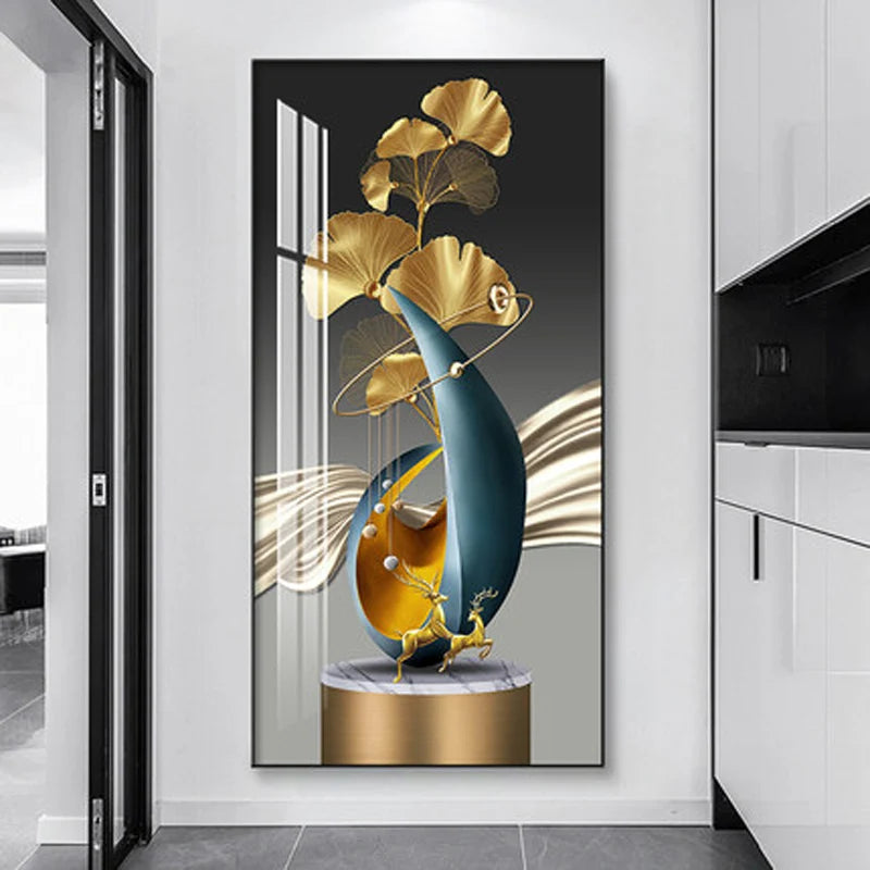 Modern Golden Deer Abstract 3d Geometry Luxury Wall Art Canvas Painting Nordic Leaf Poster Print Pictures for Living Room Decor Peaceful Pleasures Health and Wellness QP10697-N 60x120cm No Frame