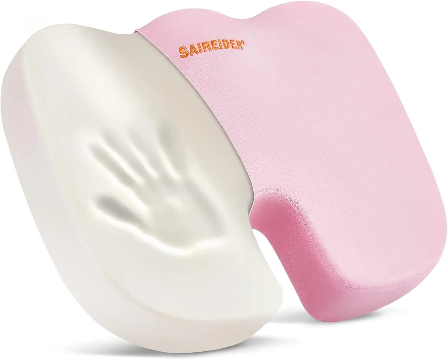 Pink and white neck pillow with 'Sairieden' branding on a white background