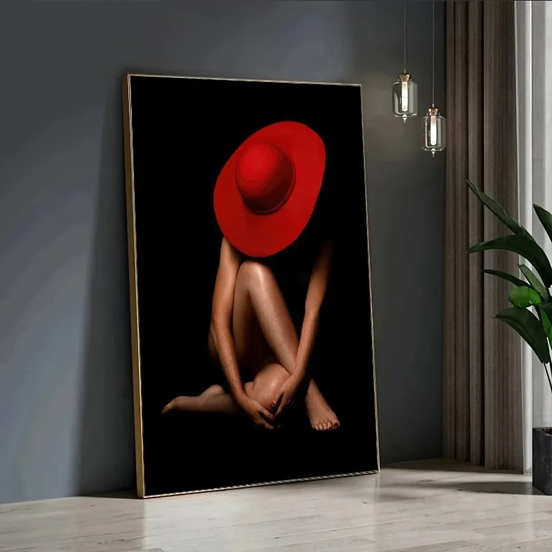 1pc Modern Abstract Red Hat Frameless Wall Art Canvas Print, Contemporary Female Form Poster for Living Room and Bedroom Decor Peaceful Pleasures Health and Wellness