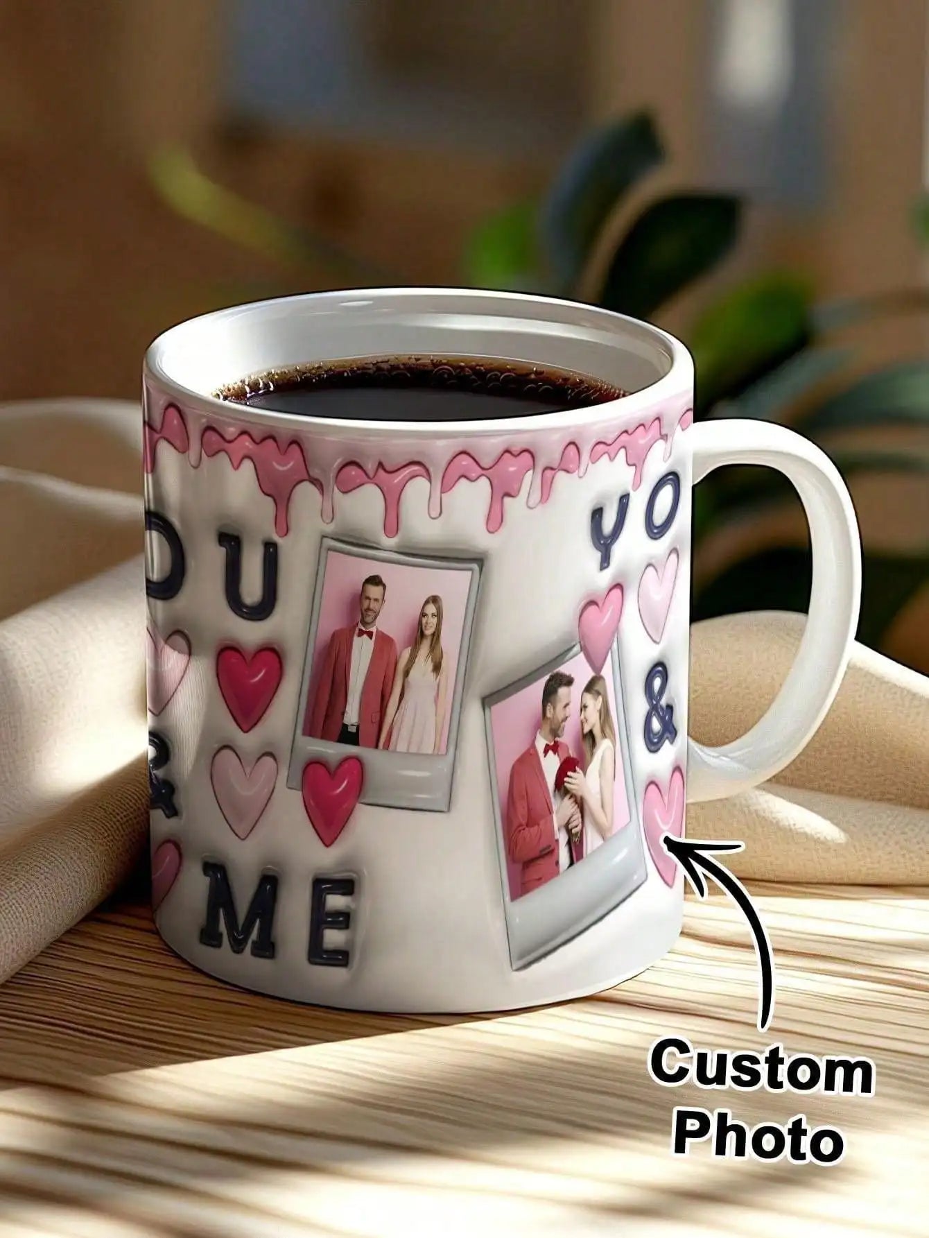 1pc Custom Couple Photo Mug 3D Inflated Effect Personalized Coffee Cup Gift For Him Her Boyfriend Girlfriend Valentine Birthday Peaceful Pleasures Health and Wellness