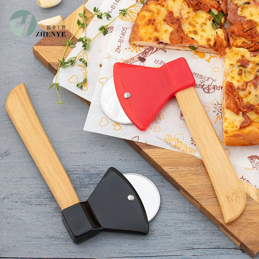 Stainless steel Pizza Cutter Kitchen Restaurant pizza axel tool Axe Pizza Cutter with Bamboo Handle and Sharp Rotating Blade Peaceful Pleasures Health and Wellness