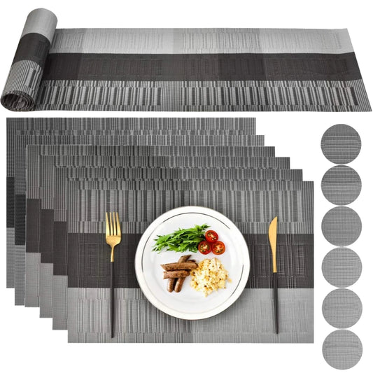 PVC Placemats Set Washable Dining Table Mats Set Tear-proof Heat Resistant 6 x Place Mats 6 x Coasters and 1 x Table Runner Peaceful Pleasures Health and Wellness