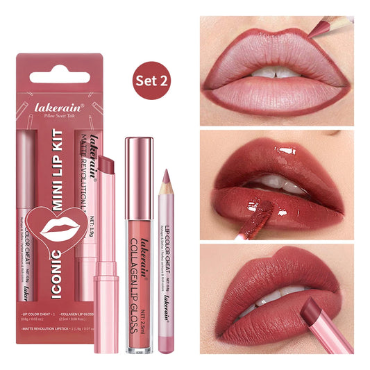 Lipliner&Lipstick Lip Gloss Set 3pcs/set Waterproof Long Lasting Lip Makeup Matte Travel Mini Set Women's Makeup Cosmetics Peaceful Pleasures Health and Wellness